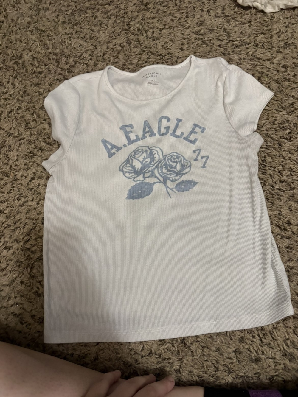 American Eagle Outfitters White Tee with Light Blue Floral Logo